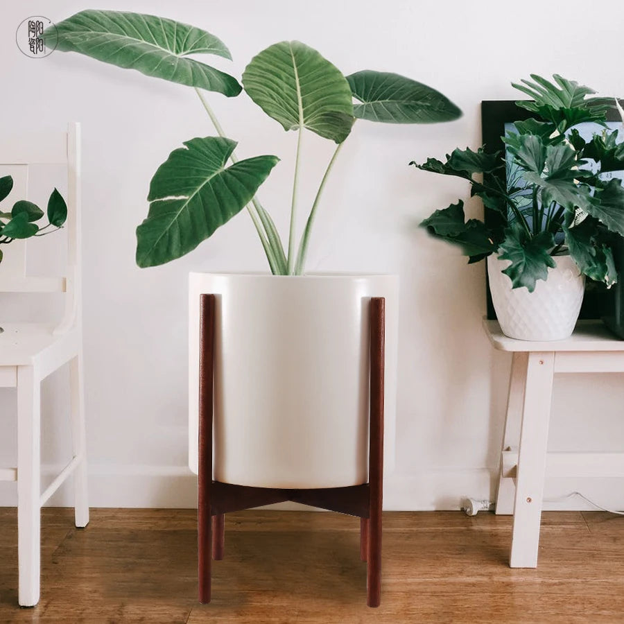 Outdoor Porcelain Planter Mid Century Large Luxury Marble Ceramic Flower Pots Wholesale with Iron Stand and Drainage Hole