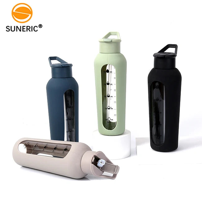 700ml/1000ml Glass Water Bottle with Silicone Sleeve & Time Marker Hand Grip Straw Glass Drinking Bottle