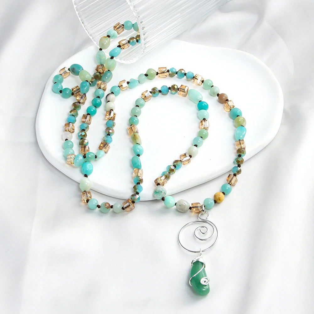 Fashion New Bohemian Autumn/Winter Sweater Chain 6mm Natural Stone Glass Knot Necklace Spiral Wrapped Stone Pendant Necklace