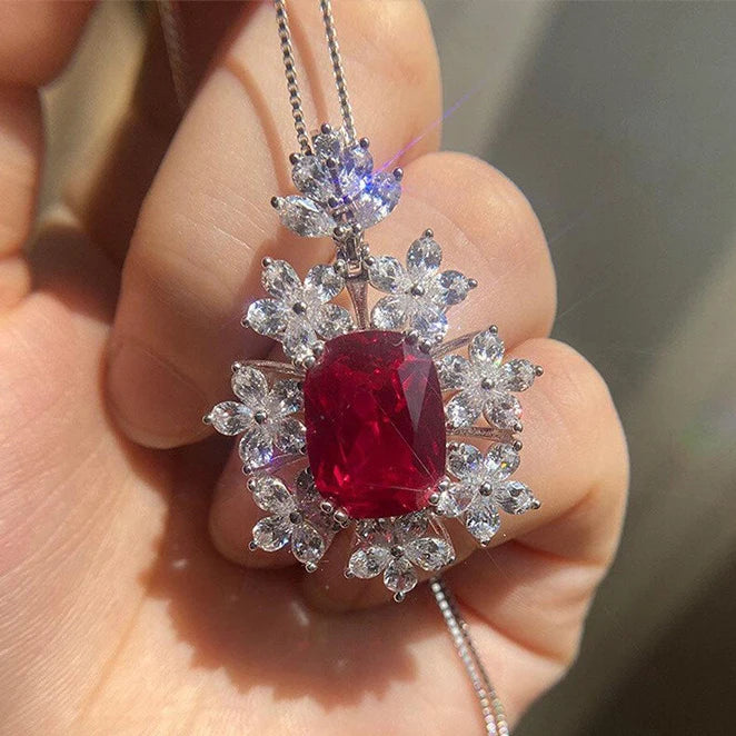 Huitan Manufacture Unique Jewelry Necklace Luxury Red Stone Cushion Flower Shape Women Sliver Color Zircon Pendant Necklace