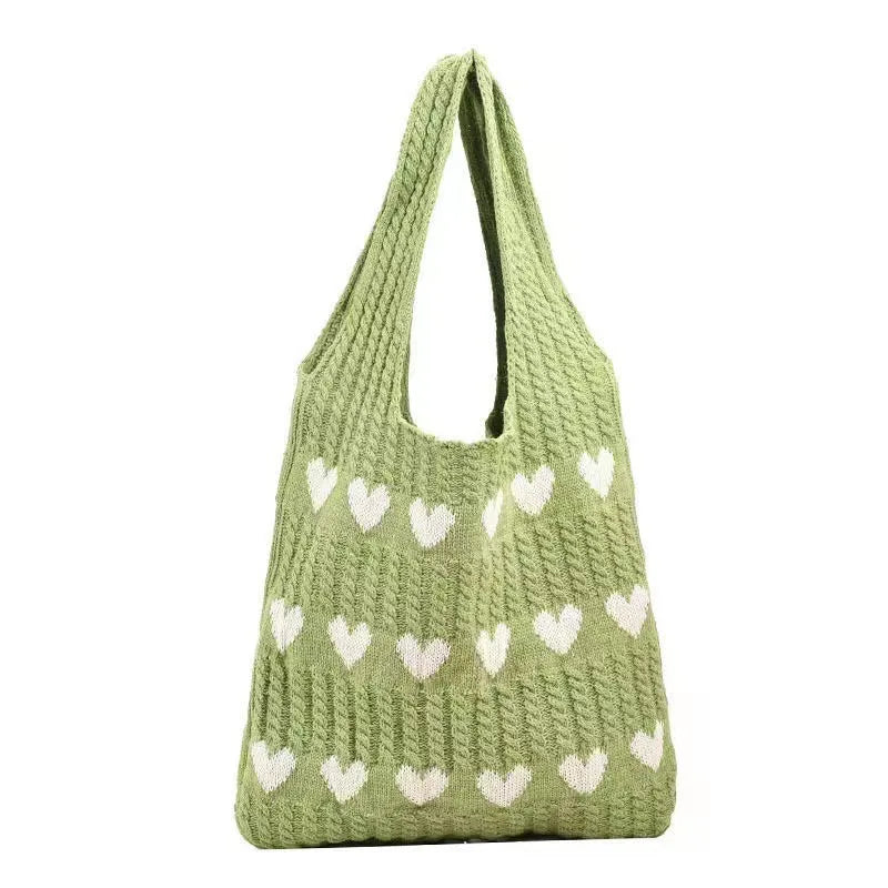 Women Cute Heart Shape Knitted Tote Bag Hollow Out Mesh Shoulder Shopping Bag Washable Reusable Knit Beach Bag
