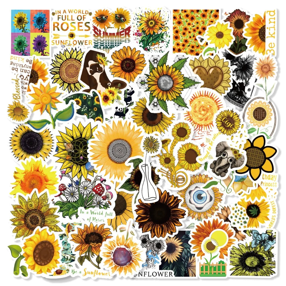 Vi-50pcs Die Cut Vinyl Aesthetic Sunflower Decorative Plant Sticker Pack for Kids Laptop Luggage Bike Guitar Notebook Diy