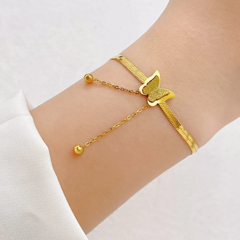 Summer Non Tarnish Butterfly Charm Stainless Steel Bracelet for Women Herringbone Snake Chain Bracelet for Girls Accessories