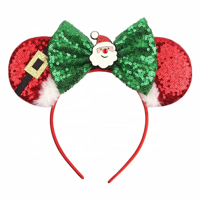 Hot Christmas Hairband Candy Mouse Ears Kids Headband Red and Green Festival Hairband Santa Bow Headband for Children