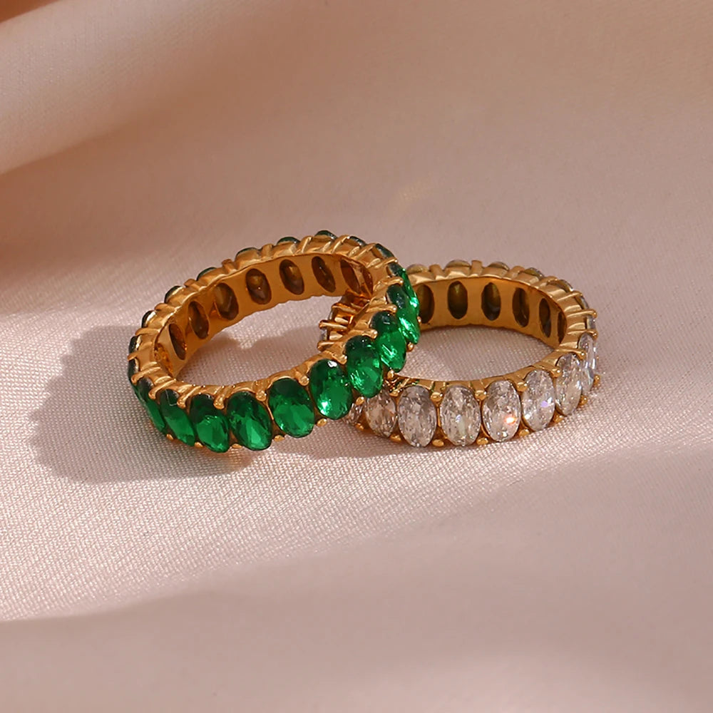 Dreamshow Baguette Oval Zircon Rings Jewelry Women 18K Gold Plated Stainless Steel Ring