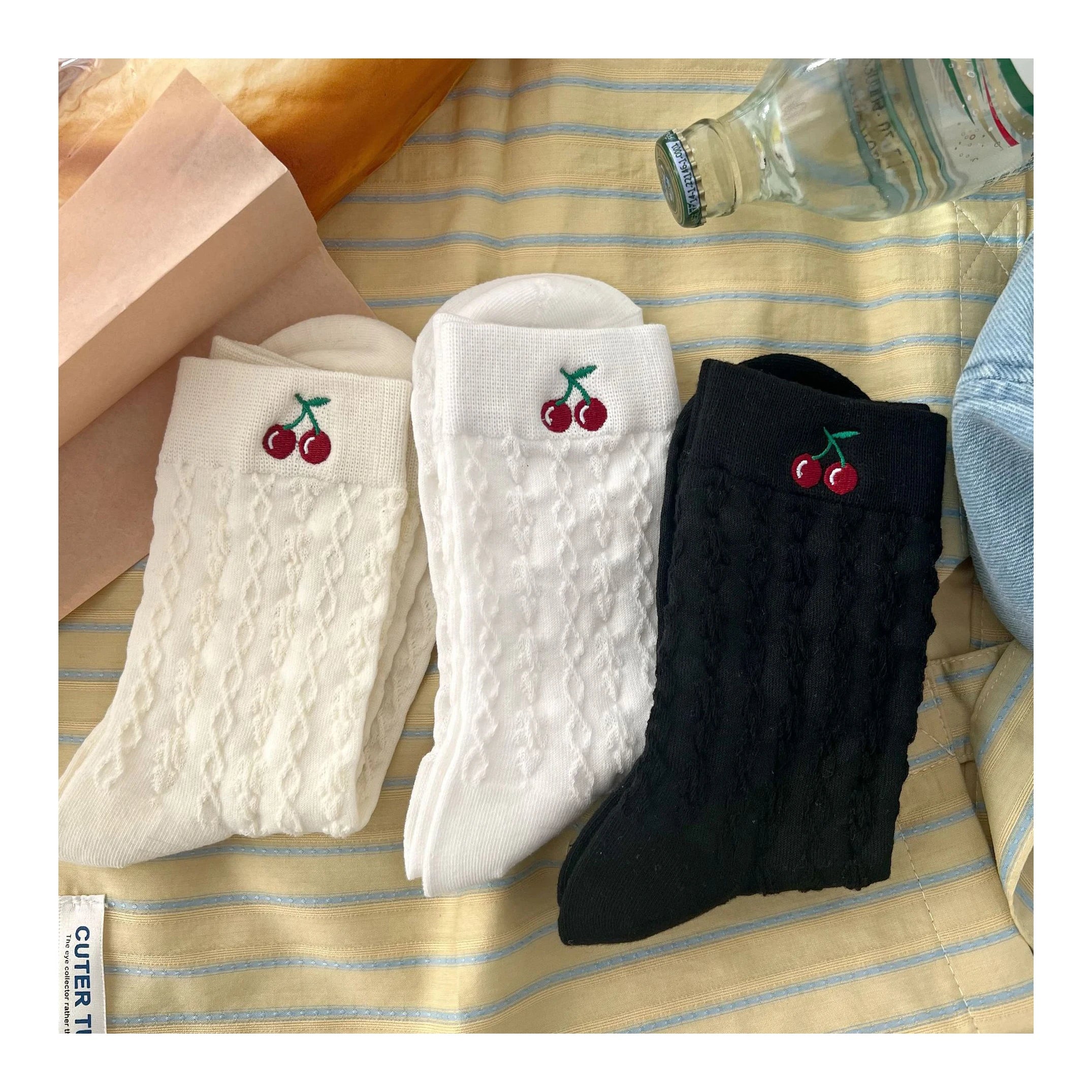Fashion Popular Cute Cherry Embroidery Breathable Cotton Spring Women Socks
