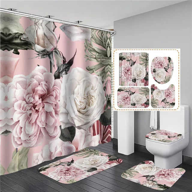 Pink Big Flowers Printed Shower Curtain Set With Rug Anti-slip Carpet Bathtub Toilet Screen Waterproof Bathroom Decor With Hook/