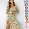 OEM Logo Autumn Dress Elegant Casual Dresses Square Neck Puff Sleeve Floral High Split Long Skirt Casual Dress