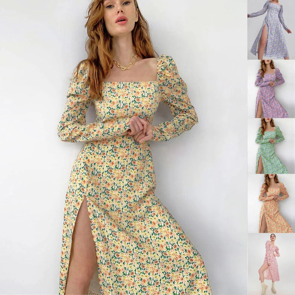 OEM Logo Autumn Dress Elegant Casual Dresses Square Neck Puff Sleeve Floral High Split Long Skirt Casual Dress