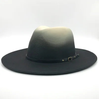 Gradient Color Fedora Hat for Women  Men Wide Brim Felt Hat With Belt Buckle