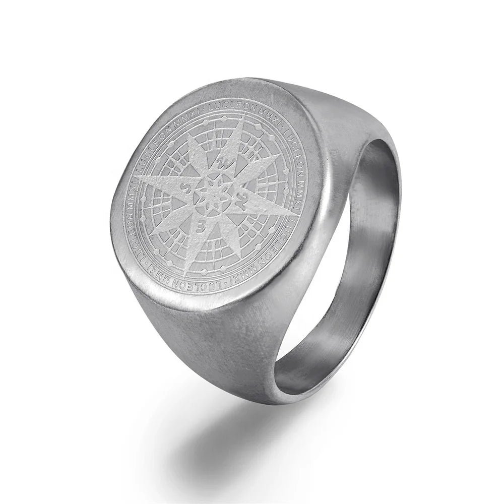 New Simple Stainless Steel Compass Jewelry Retro Compass Men's Titanium Steel Ring Wholesale