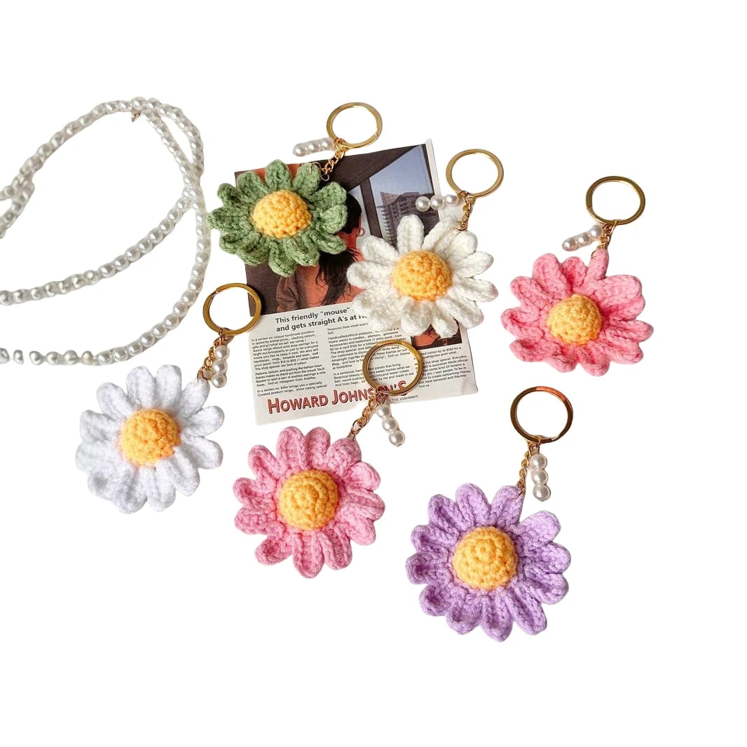 Cotton Design Knitted Crochet Flower Keychain Handmade Sunflower Amigurumi Bag Pendant Pearl Macrame Flower Keychain Accessories