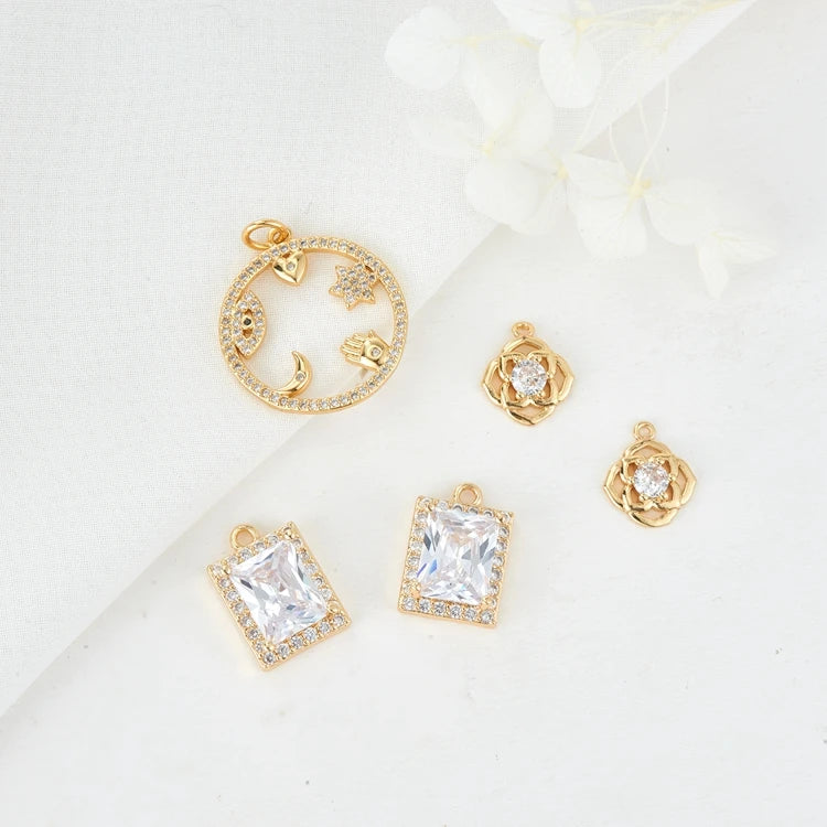Wholesale 14K Gold Plated Square Sugar Zircon Pendant Flower Moon Heart Eye Charms for DIY Jewelry Necklace Making Accessories