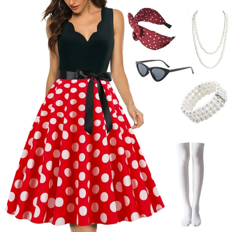 Black Polka Dot Vintage Women Summer Dress Pinup V Neck Rockabilly Party Dresses Knee-Length Vestidos  Robe Midi