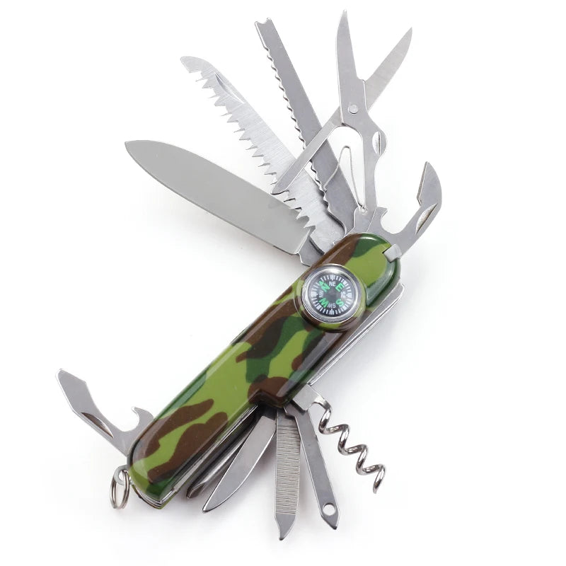 Multi-Functional DIY OEM Stainless Steel Outdoor Pocket Knife Compass Camo Handle Featuring Saw Blade File Screwdriver Blade