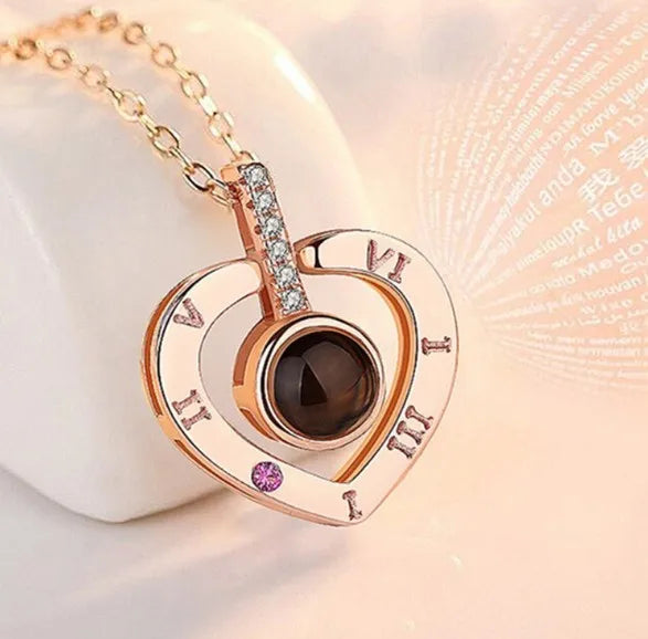Custom 925 Sterling Silver Necklace Heart Shape  Memory  Projection 100 Language I love You Silver Necklace Valentine's Day Gift