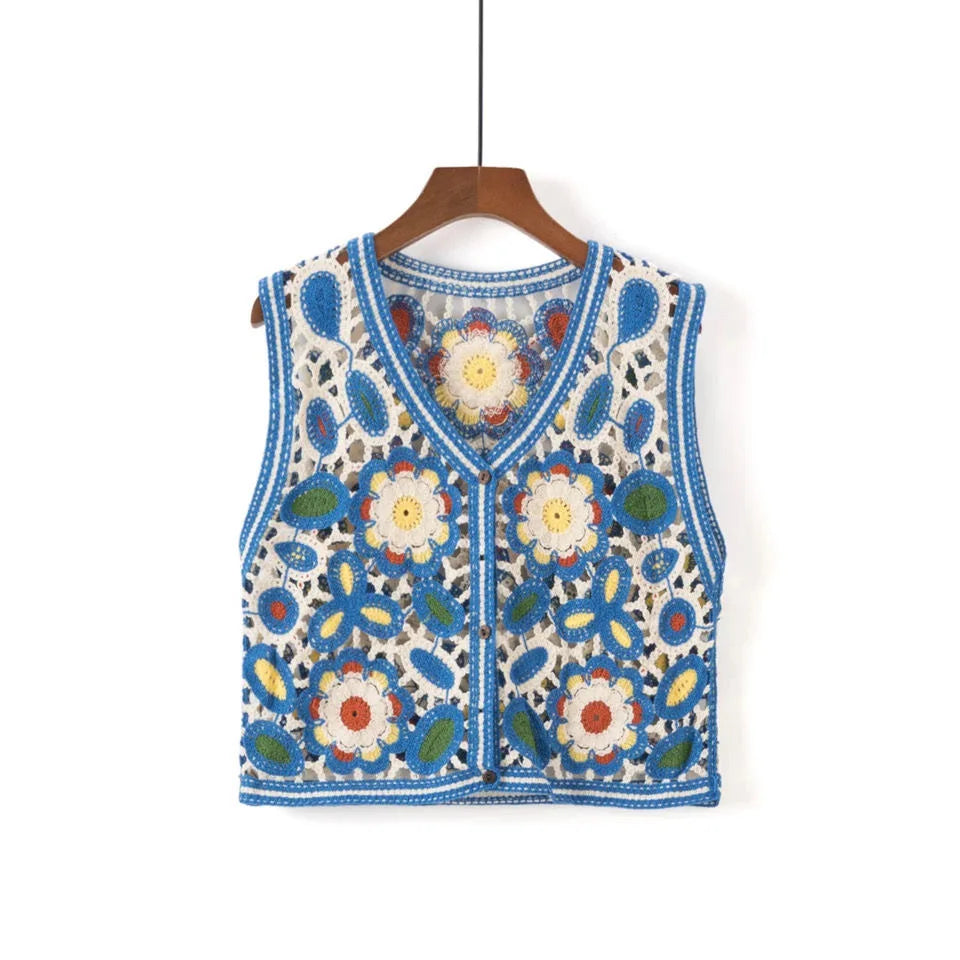 Colorful Machine Knit Embroidery Openwork Knit New Hollow Sleeveless V-neck Embroidered Vest Top Women's Vest