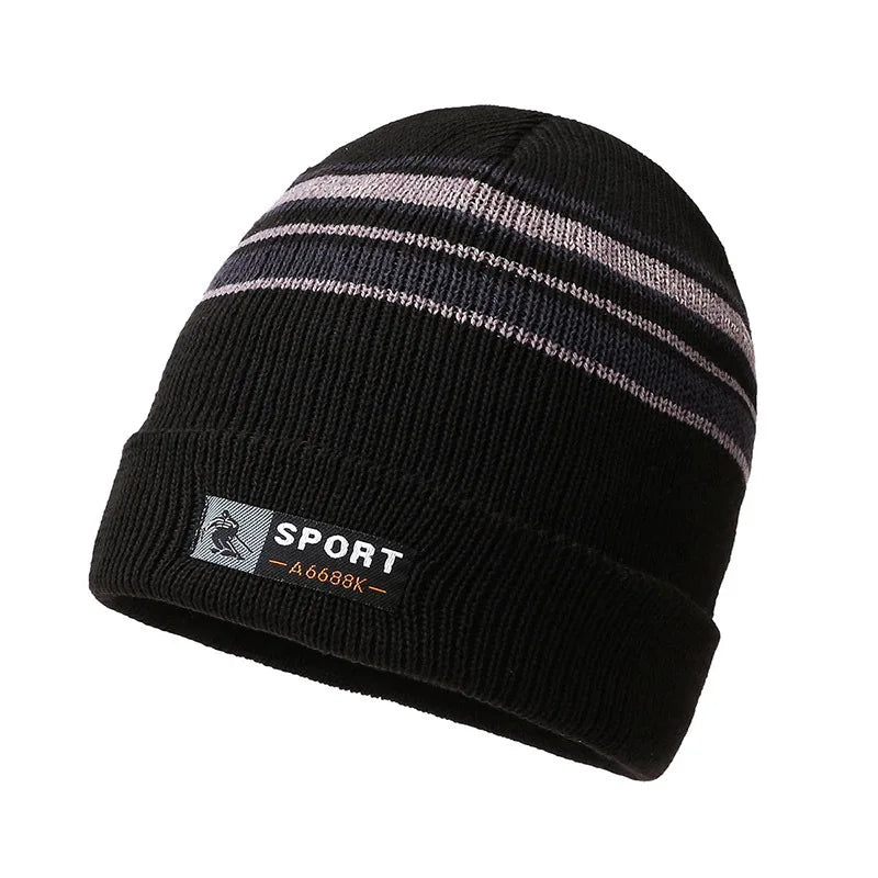 5 Colors Men's Thickened Autumn and Winter Fleece-lined Windproof Cap  Outdoor Knitted Striped Hat