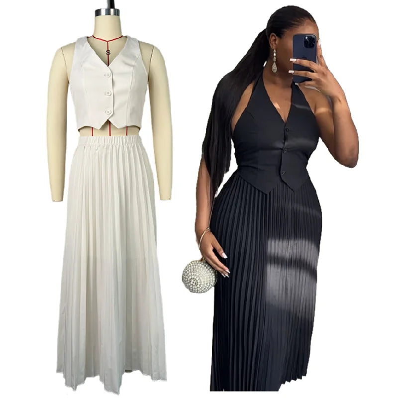 HK7555 Latest Design Summer Skirt Sets Women 2 Piece Outfits for Women Solid Color Halter Neck Vest Top and Pleated Skirt Set