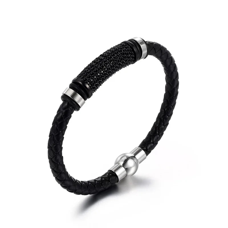 MECYLIFE Bent Bar Curb Chain Wrapped Magnetic Clasp Fashion Men's Cheap Leather Bracelet