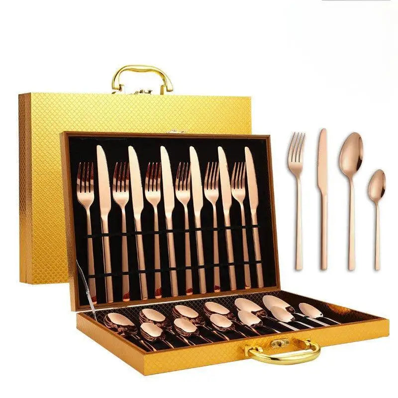 Wholesale 24-Piece  Gold Silver  with Wooden Gift Box Portuguese Knives Forks Spoon for Weddings Stainless Steel Cutlery Set
