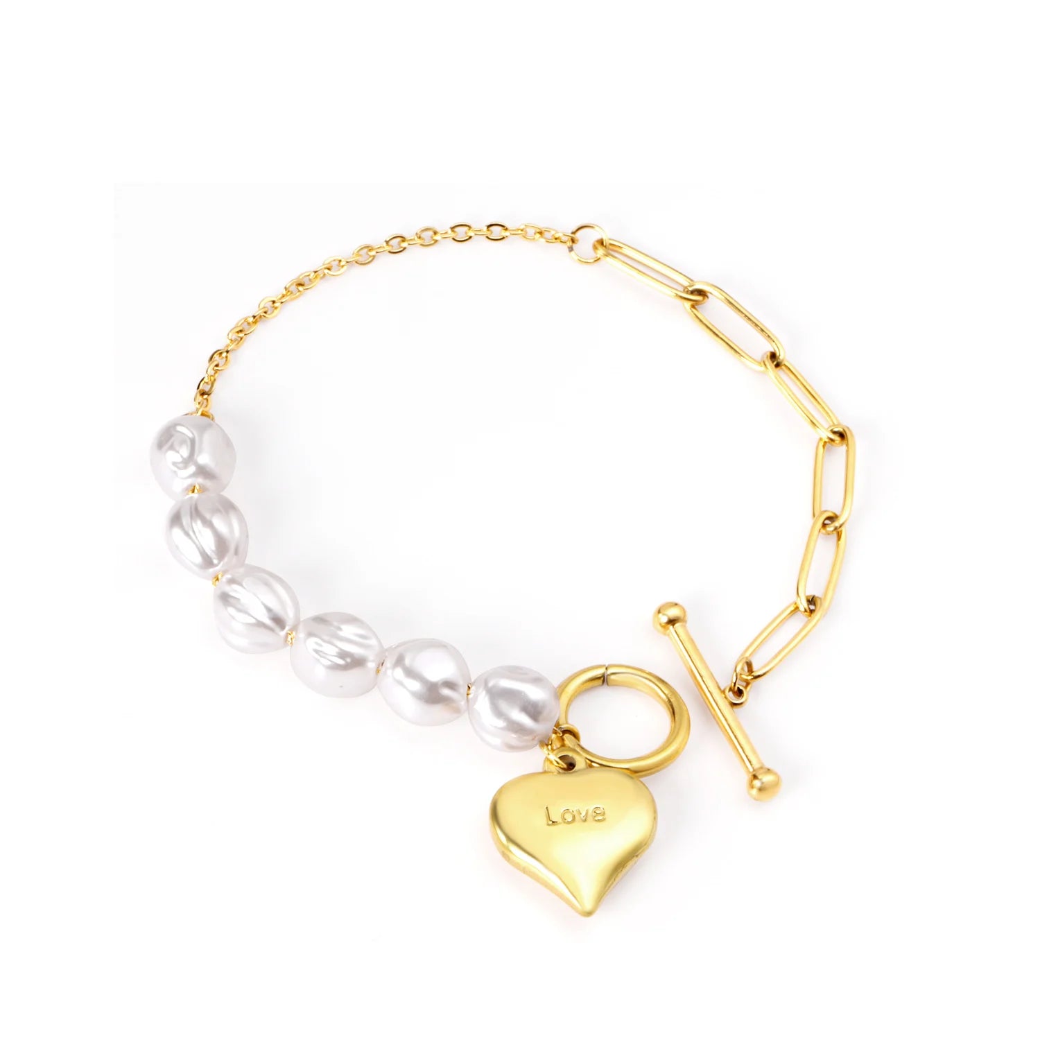 Factory Direct Sales Fashion Stainless Steel Gold love Pendant Decoration Pearl Bracelet