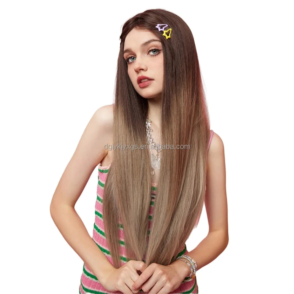 New Style 28-Inch Long Straight Wigs with Bangs Dark Blonde Synthetic Wig Heat Resistant False Hair for Women