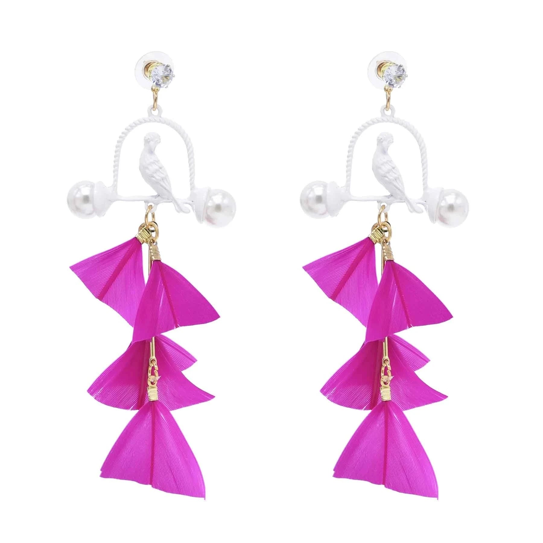 Women Dangle Earrings Ethnic Bird Rose Black Feather Tassel Charms Drop Earrings