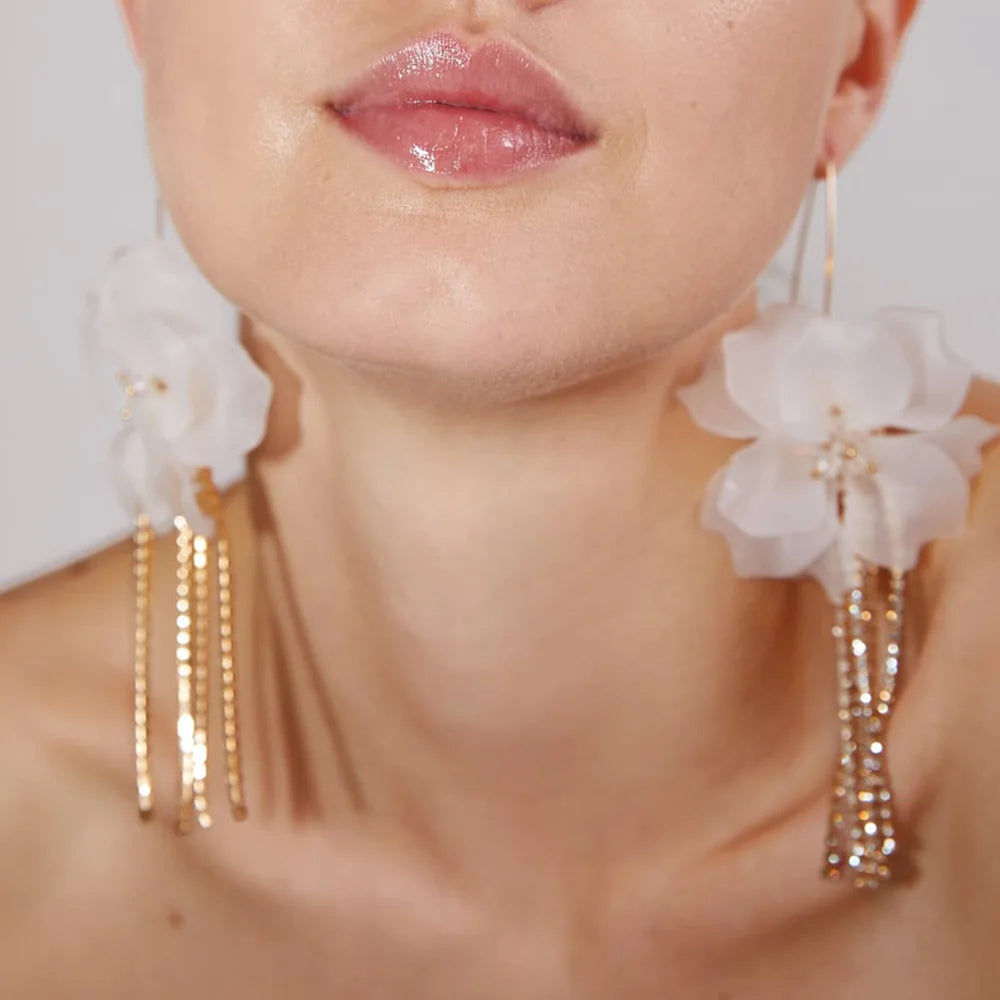 INS Fashion Women Bohemian Vocation Exaggerated Crystal Drop Earrings Transparent Organza Mesh Tassel Big Flower Earrings