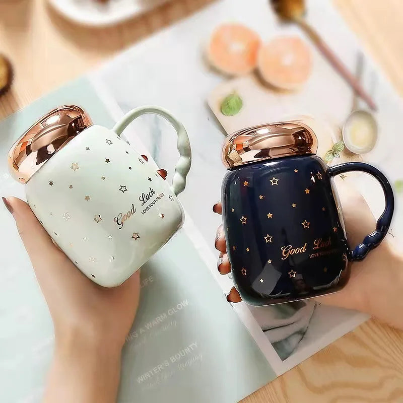 New Creative Mirror Cup Mirror Cover Office Handle Ceramic Water Cup Advertising Campaign Gift Mug with Lid