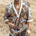 XS-5XL Men's Chest Lace up Medium Sleeve T-shirt Printed Shirt Deep V-neck Pullover  Streetwear