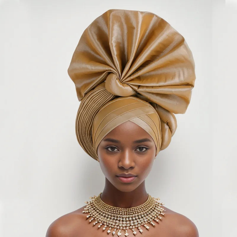 ASO OKE Ready-to-Wear Wedding Headtie Gele Nigerian African Wraps with Stones and Beads Party Caps