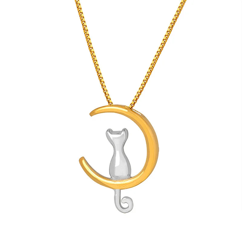 Hot New 18K Gold Plated Stainless Steel Necklace Cute Cat in Dainty Moon Pendant Choker Jewelry for Women Girls