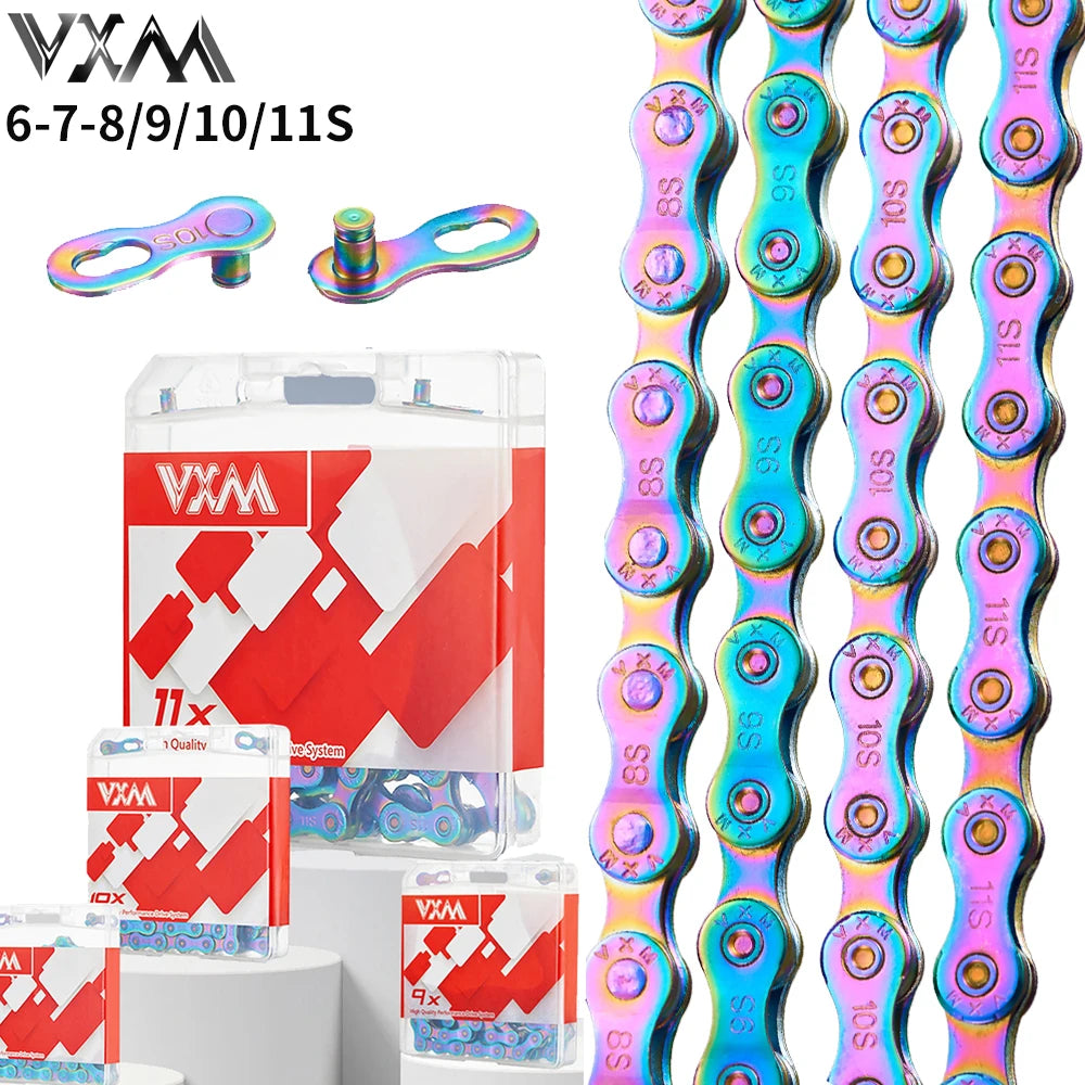 VXM Bicycle Chain 8 9 10 11Speed Fully Electroplated Colorful MTB Road Bike 116 Links Chains 21 24 27 30 33S Chain Bicycle Part