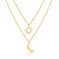 Vintage Women Stainless Steel Fine Gold Plated Two Layers Layered Sun and Moon Pendant Charm Necklace Jewelry