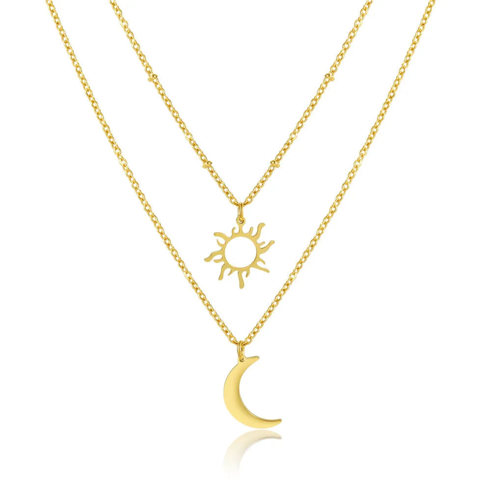 Vintage Women Stainless Steel Fine Gold Plated Two Layers Layered Sun and Moon Pendant Charm Necklace Jewelry