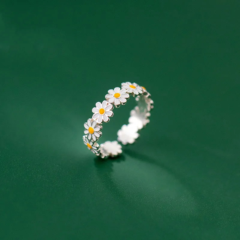 Dainty Enamel Daisy Flower 925 Sterling Silver Adjustable Open Ring for Women Girls