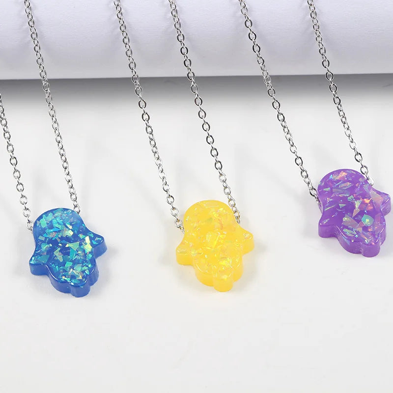 Cheap Stainless Steel Chain Resin Opal Hamsa Fatima Hand Necklace for Women