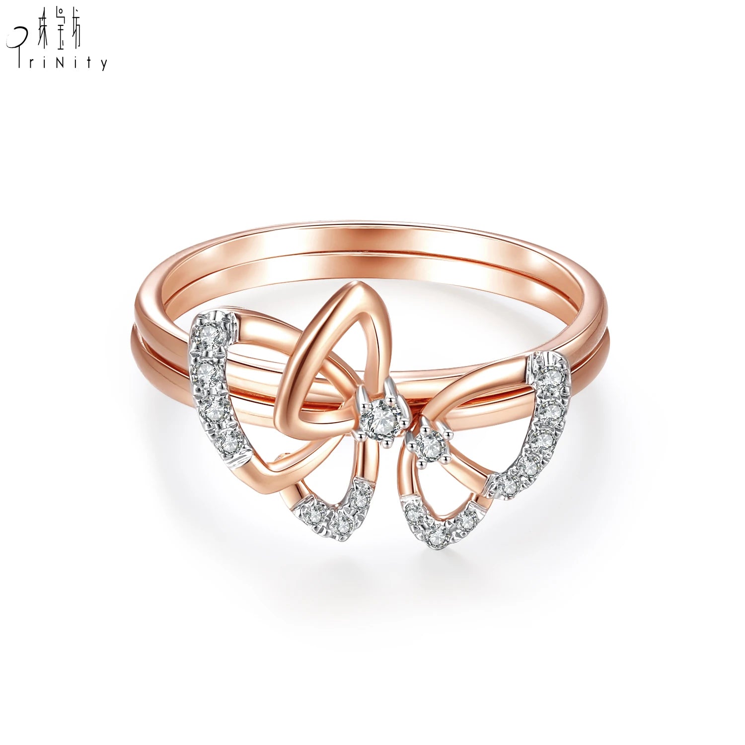 Hong Kong Supplier 2-in-1 Trendy Butterfly Design Stackable Rings Jewelry 18K Solid Rose Gold Natural Diamond Minimalist Rings