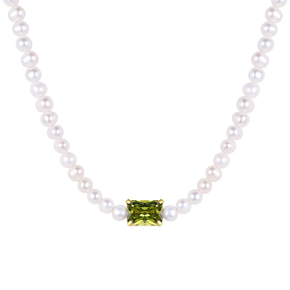Nagosa Vintage Women Jewelry 925 Sterling Silver Freshwater Pearl Necklaces with Green Cubic Zirconia