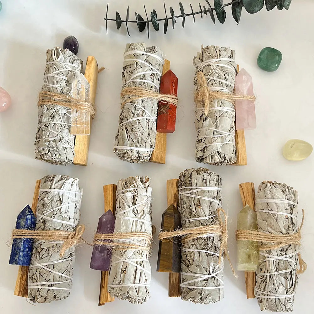 White Sage Smudge and Palo Santo Sticks With Crystal Wand Incense Smudge Sticks for Purifying Cleansing Healing