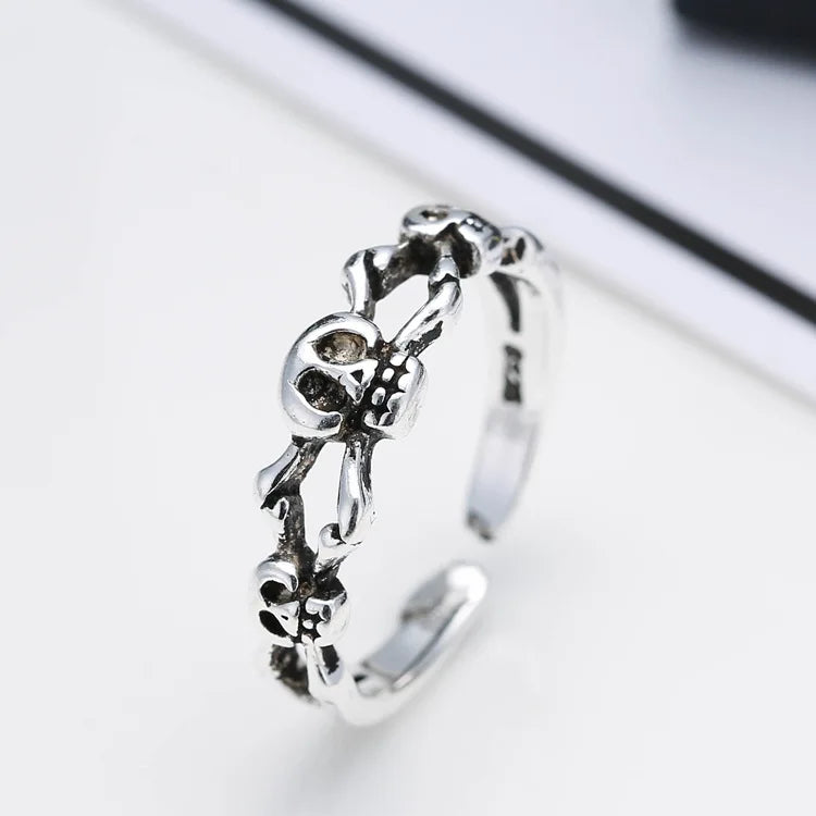 925 Sterling Silver Opening Ring Personality Skull Retro Thai Silver Ornaments Wholesale Personality Trend