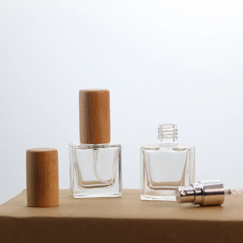 Mini 10ml Portable Perfume Glass Bottle Clear Wood/Silver Finish Portable Cosmetics Packaging Matte Liquid Thin Glass Vials