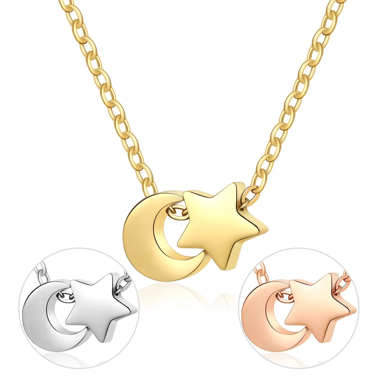 Fine Non Tarnish Silver Rose 18K Gold PVD Plating Stainless Steel Moon and Star Necklace Jewelry for Women