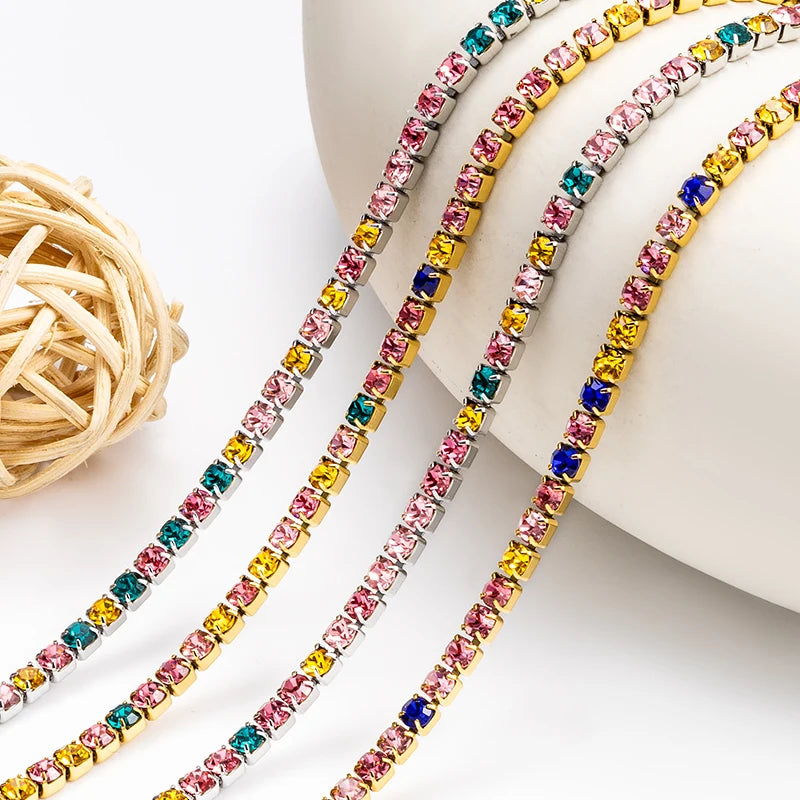 Colorful Zircon Gold-Plated Stainless Steel Rhinestone Cup Chain Tennis Chain Diamond Crystal Trim DIY Jewelry Accessories