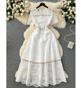 Elegant Women's 2024 Summer New French Lace Panel Hollow Metal Ring Buckle Waist Plus Size Dress