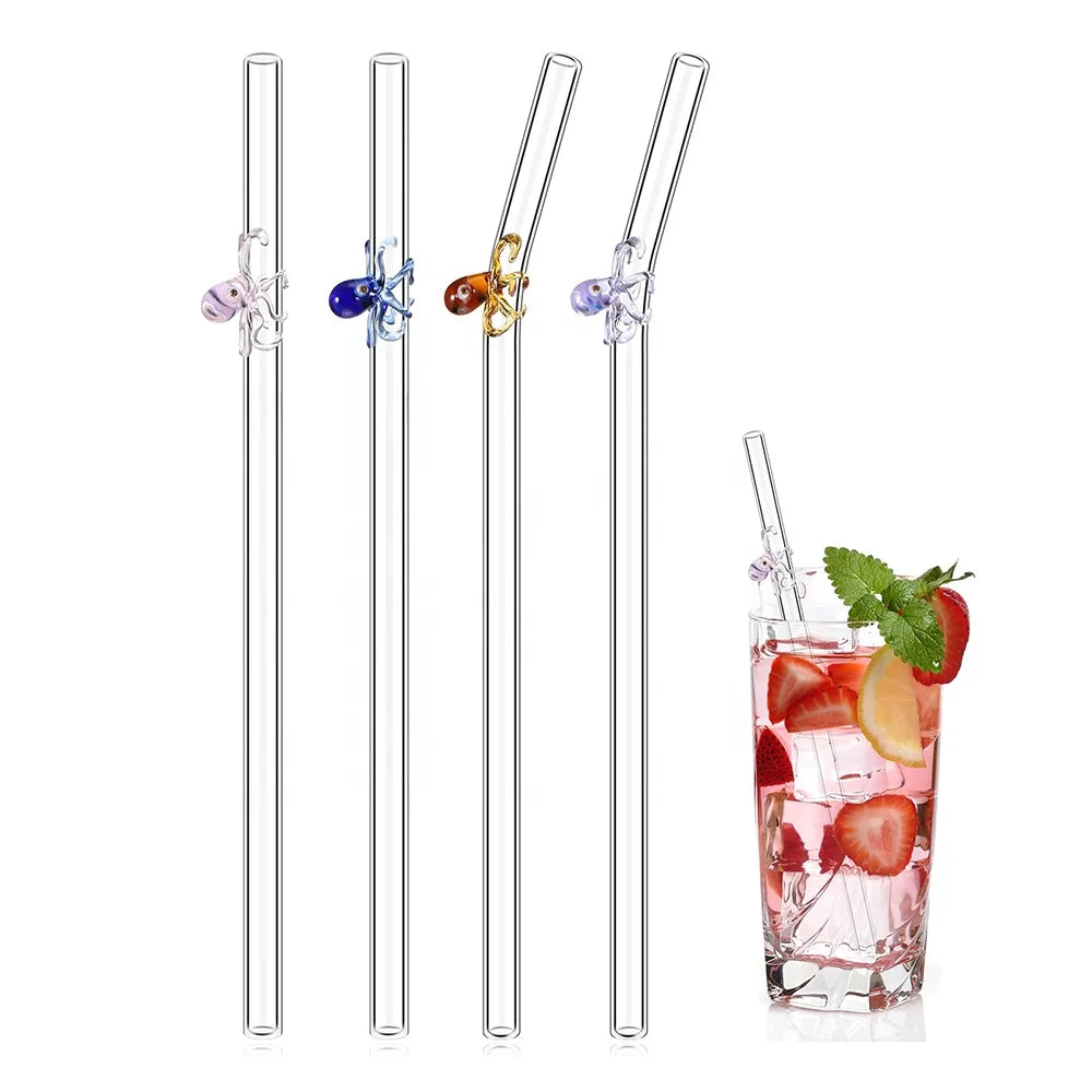 Colorful Bent Octopus Glass Straws with Design