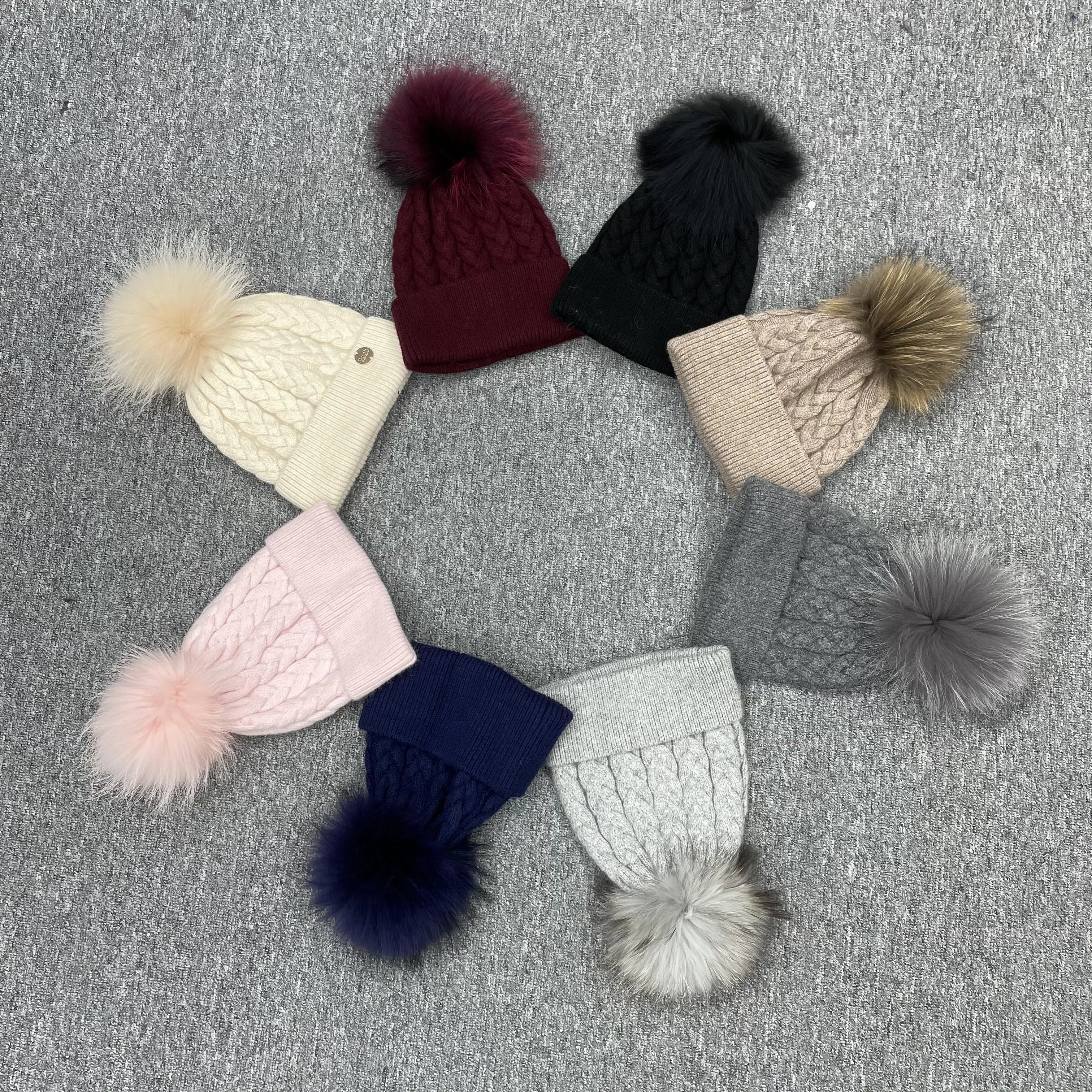 Winter Women Warm Knitted Beanie Faux or Real Fur Pom Ball Fur Beanie Hat