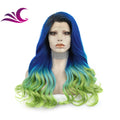 Celebrity Dark Root Ombre Blue Colorful Wig Heat Resistant Fiber Synthetic Lace Front Wig Suit for Cosplay Drag Queen