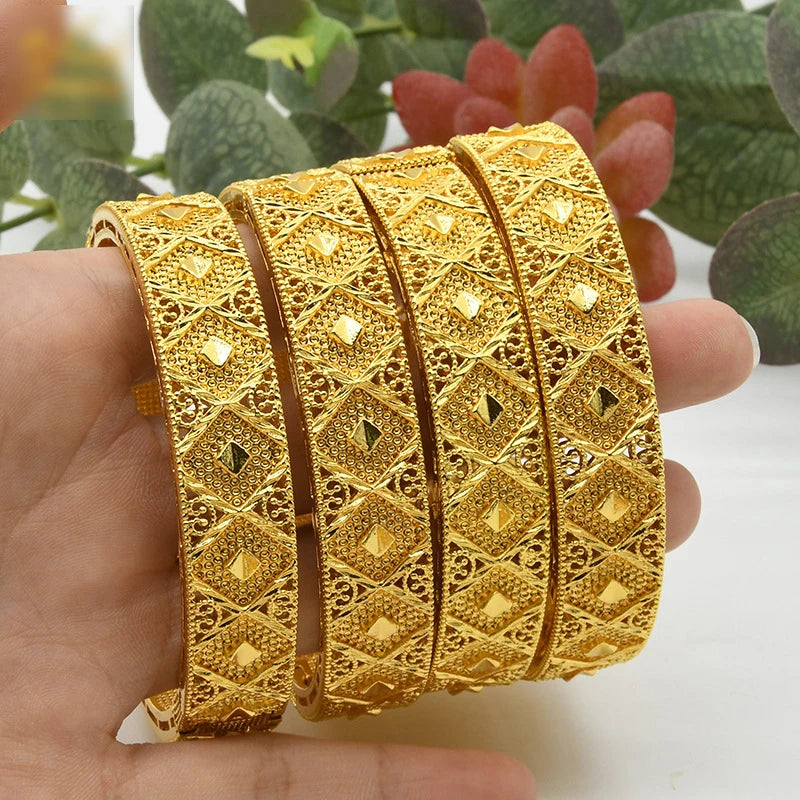 Dubai 24k Gold Plating Copper Alloy Open Bride Wedding Bracelet Indian African Style Wedding Jewelry Gold Bracelet for Women